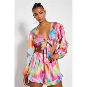 Image of I Saw It First Pink Printed Satin Tie Front Top - Pink