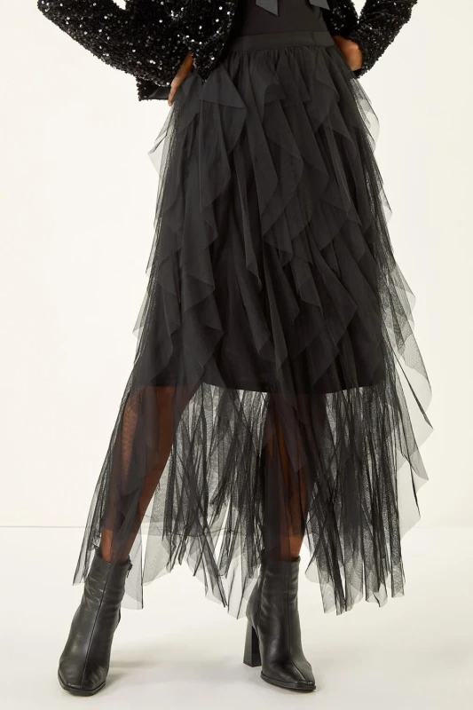 Image of Roman Elastic Waist Mesh Layered A Line Skirt Black