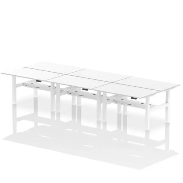 Image of Air Air Back-to-Back 1400 x 800mm Height Adjustable 6 Person Bench Desk White Top with Cable Ports White Frame HASCP6P14800WHTW