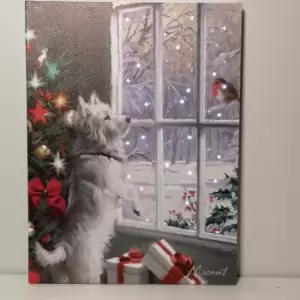 Image of Snowtime Christmas 40cm x 30cm Festive Dog & Robin Fibre Optic Wall Canvas