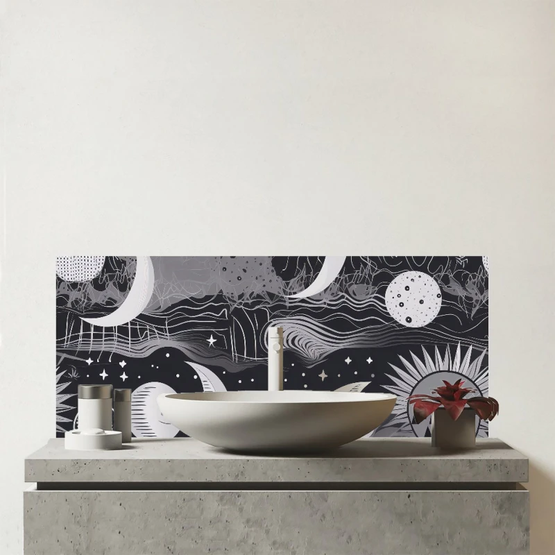 Image of Warren Reed - Designer Abstract Black White Moon & Sun Glass Bathroom Splashback in Grey Grey Unisex