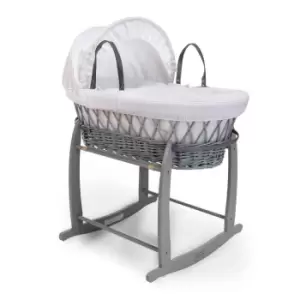 Image of Clair de Lune Waffle Grey Wicker Moses Basket in White & Grey Deluxe Rocking Stand - White