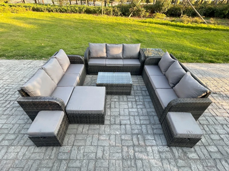 Image of Fimous Rattan Lounge Sofa Set 12 Seater Outdoor Garden Furniture Set with Rectangular Coffee Table 3 Seater Sofa Side Table 3 Footstools Dark Grey