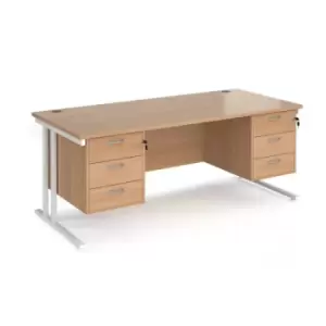 Image of Office Desk Rectangular Desk 1800mm With Double Pedestal Beech Top With White Frame 800mm Depth Maestro 25 MC18P33WHB