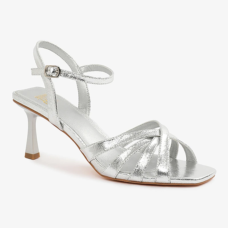 Image of Where's That From 'Lizzo' Cross Over Multi Strap Adjustable Buckle Heel Silver
