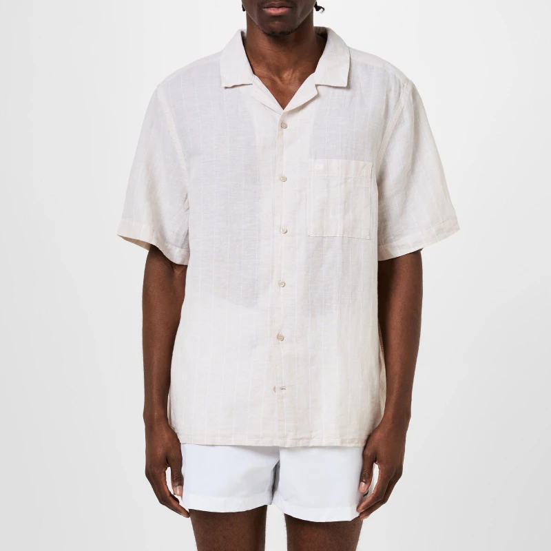 Image of Calvin Klein Mens Linen Stripe Short-Sleeve Patterned Shirt Stony Beige male S