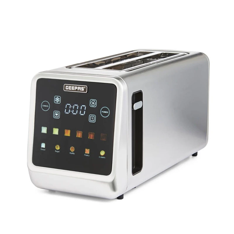 Image of Geepas 5-in-1 Digital 4 Slice Toaster with Touch Screen & Long Wide Slots in Metallic Silver Metallic Silver Unisex
