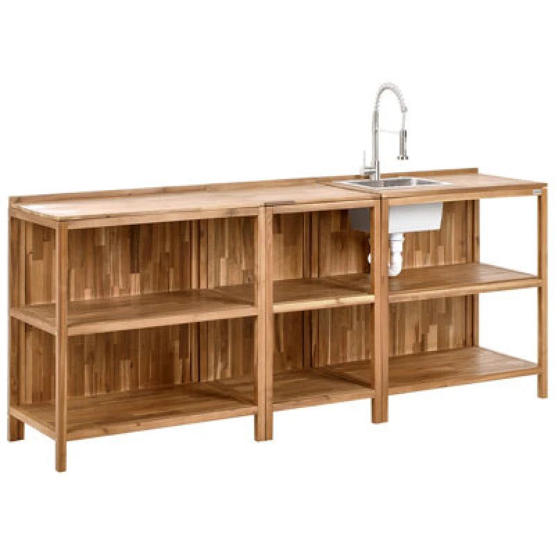 Image of Beliani 3 Piece Outdoor Kitchen Set With Sink Venosa Acacia Wood Brown/ Silver