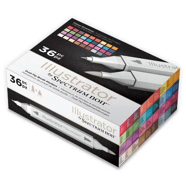 Image of Spectrum Noir Illustrator Dual Tip Brush Marker Pen Set Box Colour Essentials Pack of 36