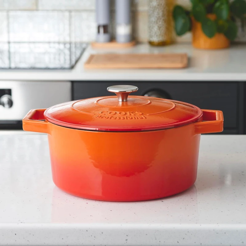 Image of Cooks Professional Cast Iron Casserole Dish 26cm Oven Proof Enamelled Pan with Lid in Orange Orange Unisex