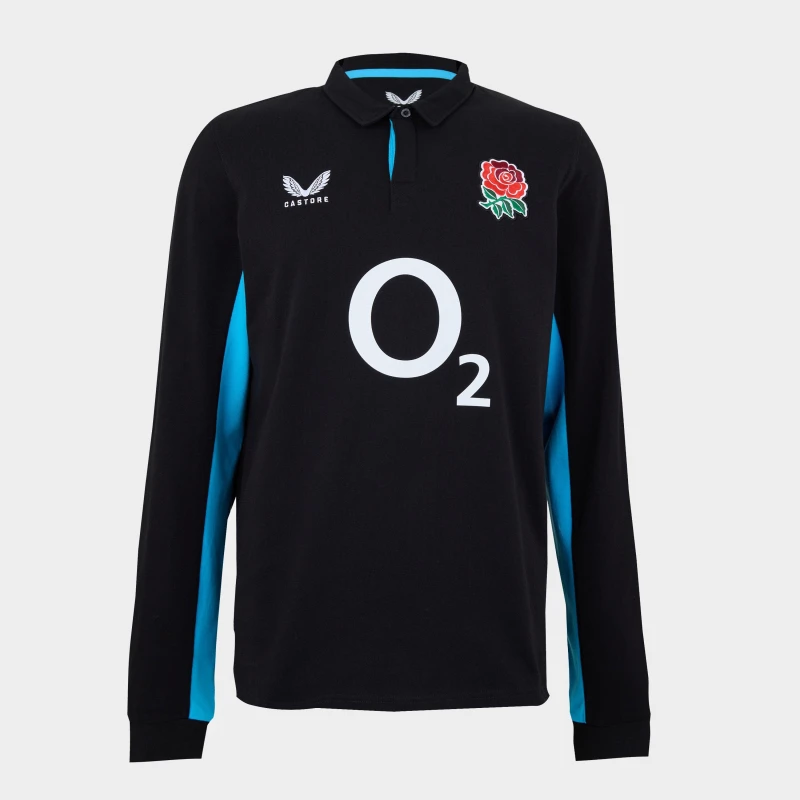 Image of Castore England Rugby Away Long Sleeve Polo Shirt 2025 Black/Blue male S