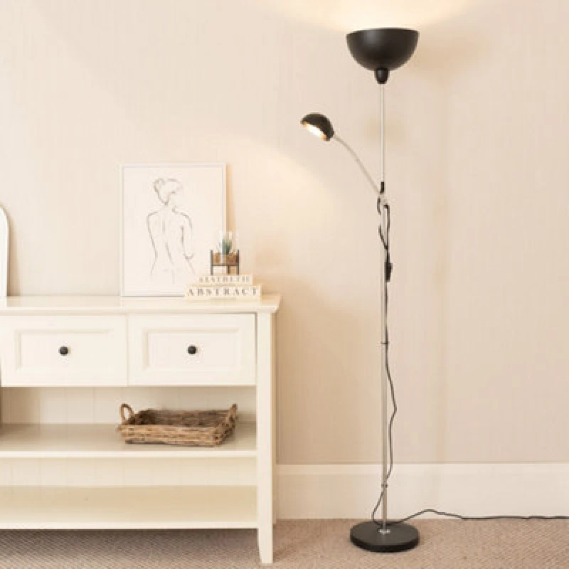 Image of ValueLights Orion Black Father Son Upright and Side Adjustable Floor Lamp and LED Bulb Black