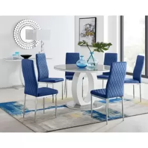 Image of Furniturebox UK - Furniturebox Giovani Grey 120cm Round Dining Table and 6 Navy Velvet Milan Dining Chairs With Silver Legs