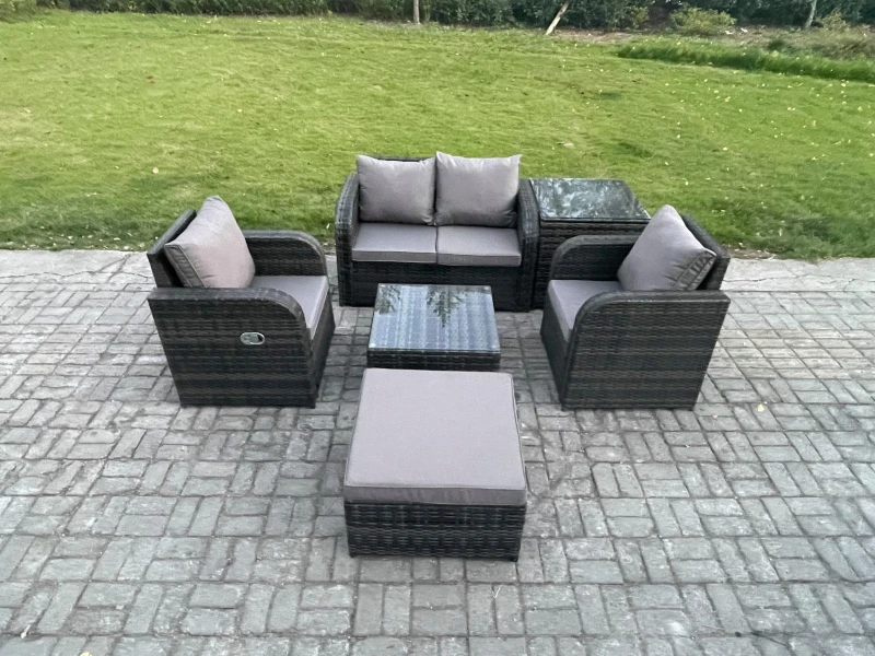 Image of Fimous Wicker PE Rattan Garden Furniture Set Outdoor Lounge Sofa Set with Love Sofa Square Coffee Table Side Table Dark Grey