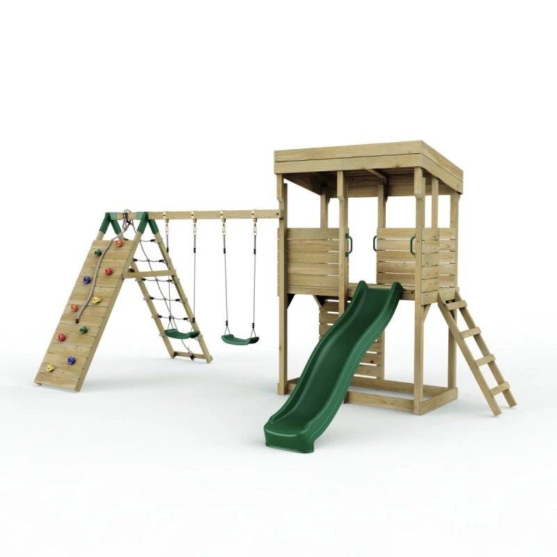 Image of OutdoorToys XL Lookout Tower with Swings & Climb Wall plus Slide for Kids in Brown Brown Unisex