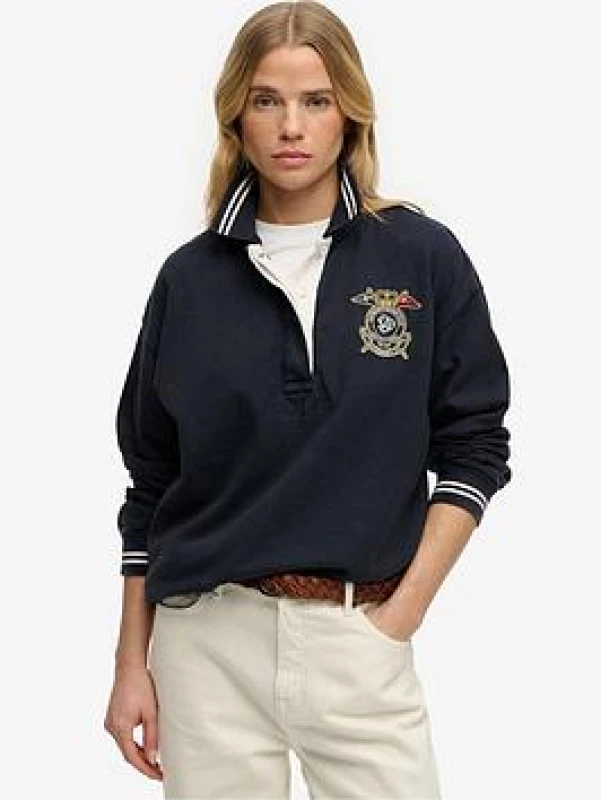 Image of Superdry Womens long-sleeved polo shirt Superdry Crest Bleu Female M