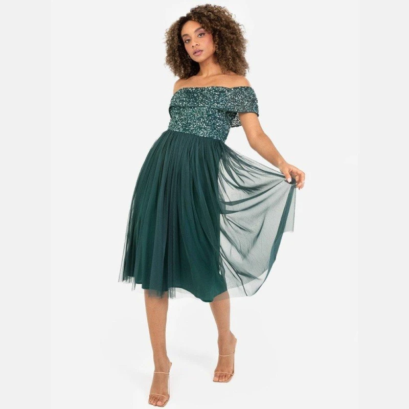 Image of Maya Deluxe Maya Bardot Embellished Midi Dress Emerald female 6 (2XS)
