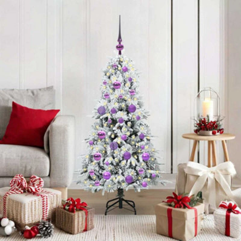 Image of vidaXL Artificial Hinged Christmas Tree with Lilac Balls Snow Flocked Green 120cm PE and PVC, Green 3397464