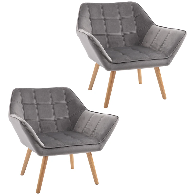 Image of HOMCOM Accent Chair Set: Pair of Armchairs with Wide Arms, Slanted Back, Iron Frame & Wooden Legs, Grey Upholstery Aosom UK
