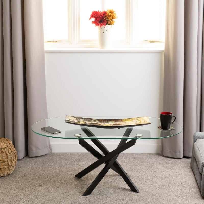 Image of Seconique Sheldon Coffee Table Clear Glass Top With Stylish Black Wavy Legs