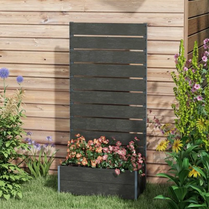 Image of Outsunny Raised Garden Bed with Trellis and Drainage Hole, Planter Box Black Black