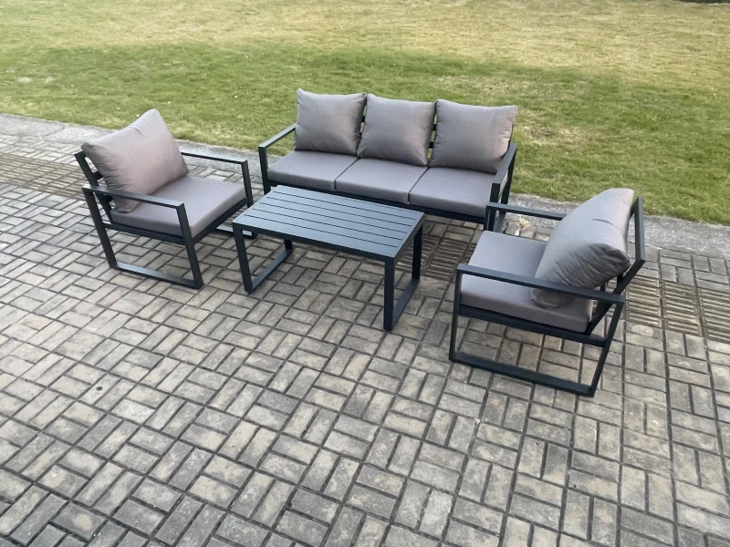 Image of Fimous Aluminium Outdoor Garden Furniture Set Patio Lounge Sofa with Oblong Coffee Table 2 Armchairs Set Dark Grey Dark Grey Unisex