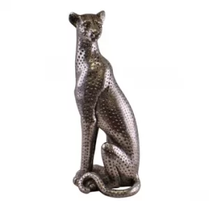 Image of Large Silver Coloured Sitting Leopard Ornament, 38cm