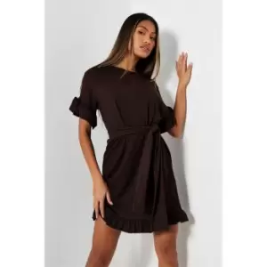 Image of I Saw It First Tie Waist Frill Detail Dress - Brown