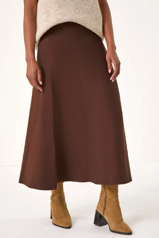 Image of Roman Womens Plain Elastic Waist Knitted A Line Midi Skirt in Chocolate Size: 12 Chocolate Female 12