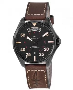 Image of Hamilton Khaki Aviation Pilot Auto Black Dial Brown Leather Strap Mens Watch H64605531 H64605531