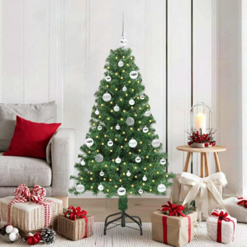 Image of vidaXL Artificial Christmas Tree with 150 LEDs, Silver Balls with Stand Green 150 cm, Green 3396905