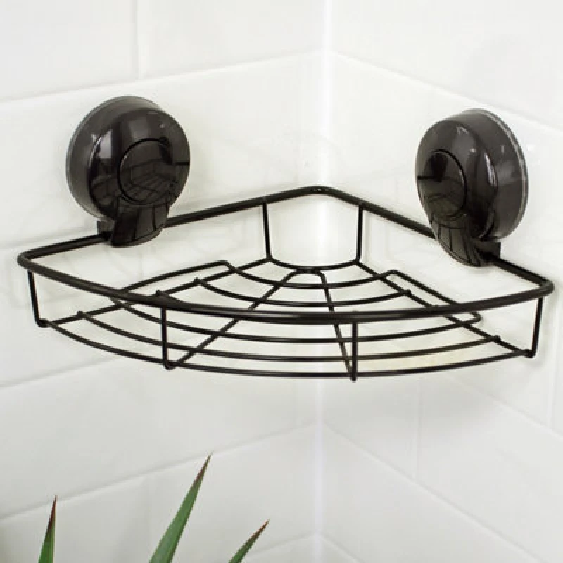 Image of Showerdrape Suctionloc Black Steel Suction Wall Mounted Corner Basket With Mounting Discs