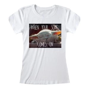 Image of Star Wars - The Mandalorian When Your Song Comes On Fitted Female Medium T-Shirt - White