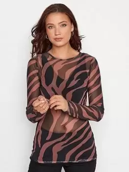 Image of Long Tall Sally Brown Zebra Print Mesh Long Sleeve Top, Brown, Size 14, Women