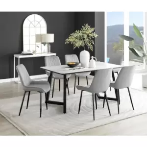Image of Furniturebox UK - Furniturebox Carson White Marble Effect Rectangular 160cm Dining Table & 6 Grey Pesaro Black Leg Velvet Chairs