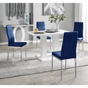 Image of Furniturebox Imperia 4 High Gloss White Modern Dining Table and 4 Navy Milan Faux Leather Dining Chairs With Silver Legs Diamond Stitch Modern