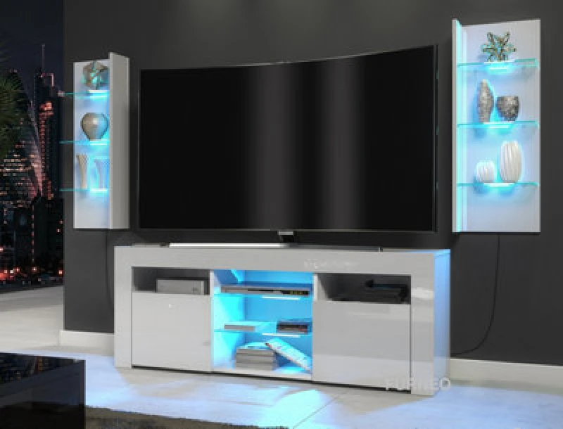 Image of Furneo High Gloss & Matt White Living Room Set TV Stand Display Cabinets Blue LED Lights Clifpuz 09
