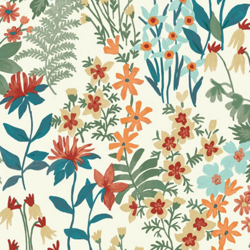 Image of Grandeco Ditsy Floral Agnala Textured Wallpaper, Green Teal Orange