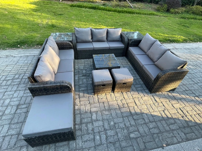 Image of Fimous 12 Seater Rattan Outdoor Furniture Set Patio Garden Sofa Set with Square Coffee Table 3 Seater Sofa 2 Side Tables Dark Grey