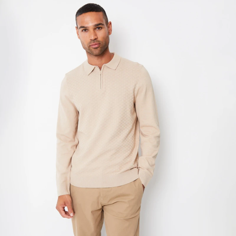 Image of Threadbare 'Whinberry' Long Sleeve Quarter Zip Knitted Polo Jumper Light Beige