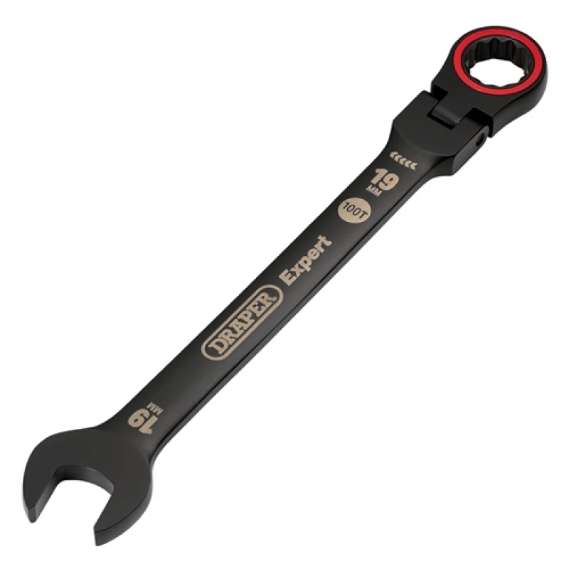 Image of Draper Expert HI-TORQ Metric Flexible Head Ratchet Combination Spanner, 19mm, Black 3926