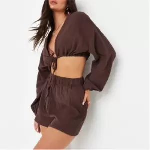 Image of Missguided Textured Tie Front Beach Cover Up Top - Brown
