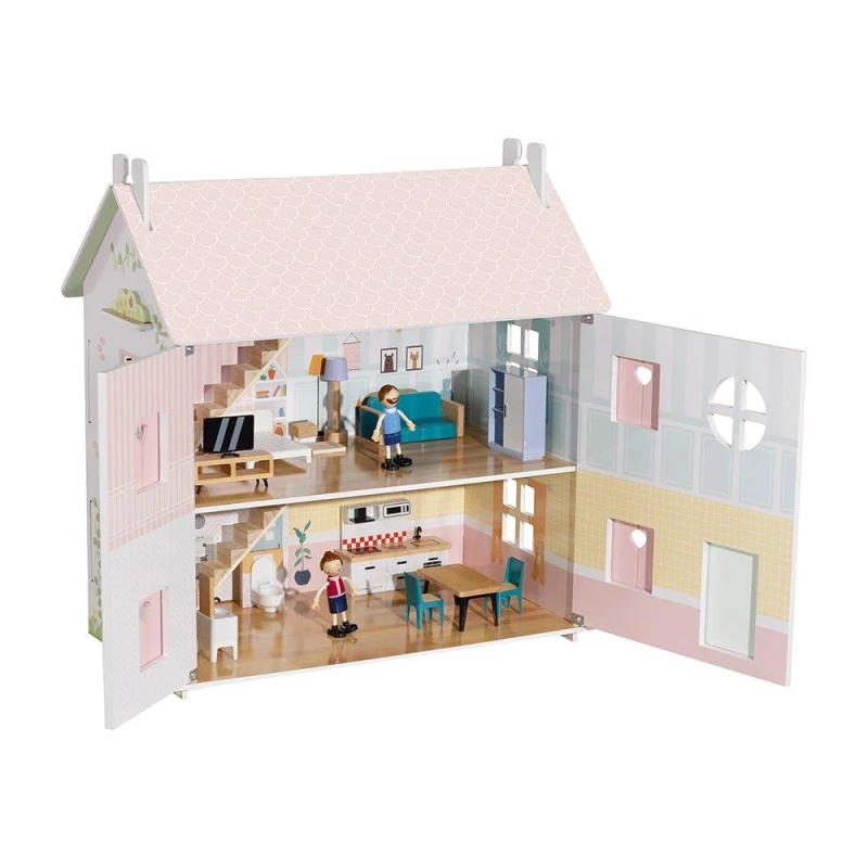 Image of Tooky Toy Wooden Dolls House Pink / Blue unisex One Size
