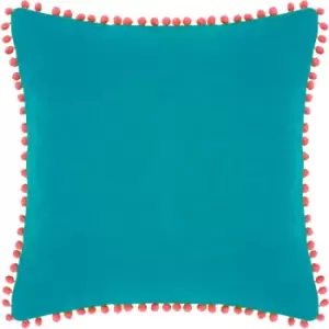 Image of Paoletti Velvet Pompom Cushion Teal/Coral - Teal/Coral
