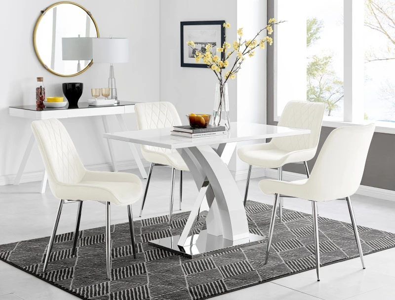 Image of FurnitureboxUK FurnitureboxUK Atlanta White High Gloss and Chrome 4 Seater Dining Table with X Shaped Legs and 4 Soft Velvet Pesaro Chairs in Cream Cr