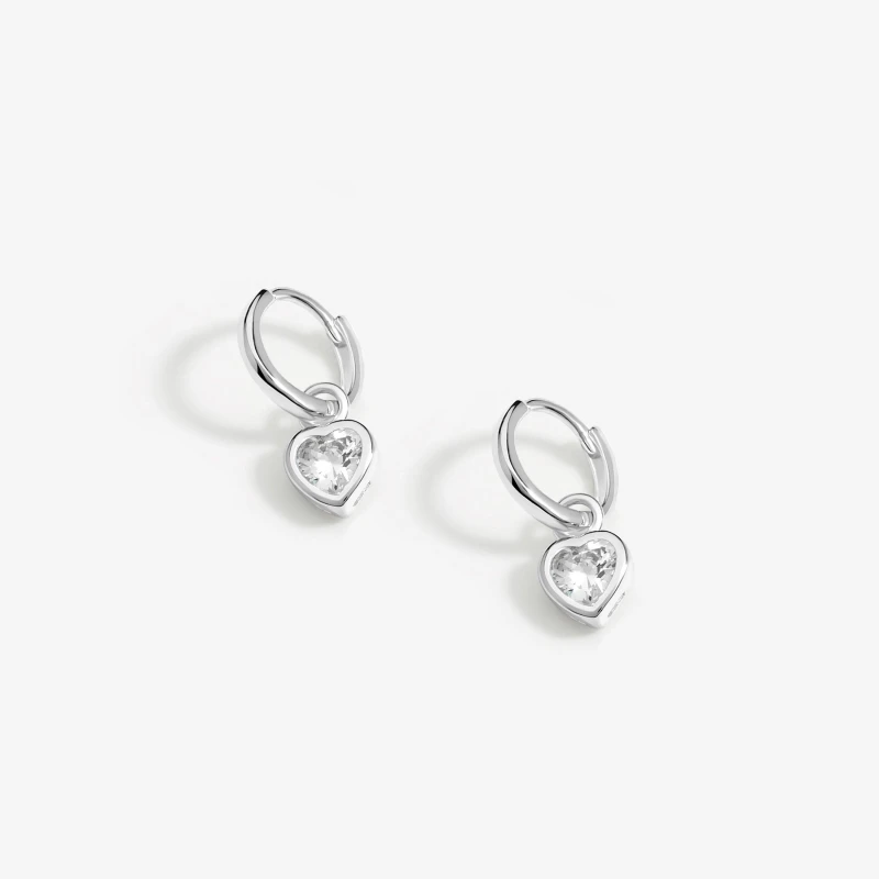 Image of Simply Silver Sterling Silver 925 Polished And Cubic Zirconia Silver Crystal Heart Charm Hoop Earrings Silver