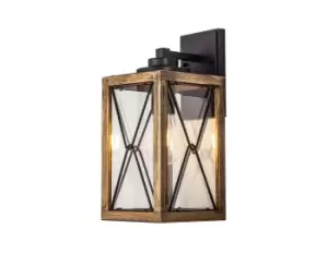 Image of Large Wall Lamp, 1 x E27, Wood Effect & Black, Clear Glass, IP54, 2yrs Warranty