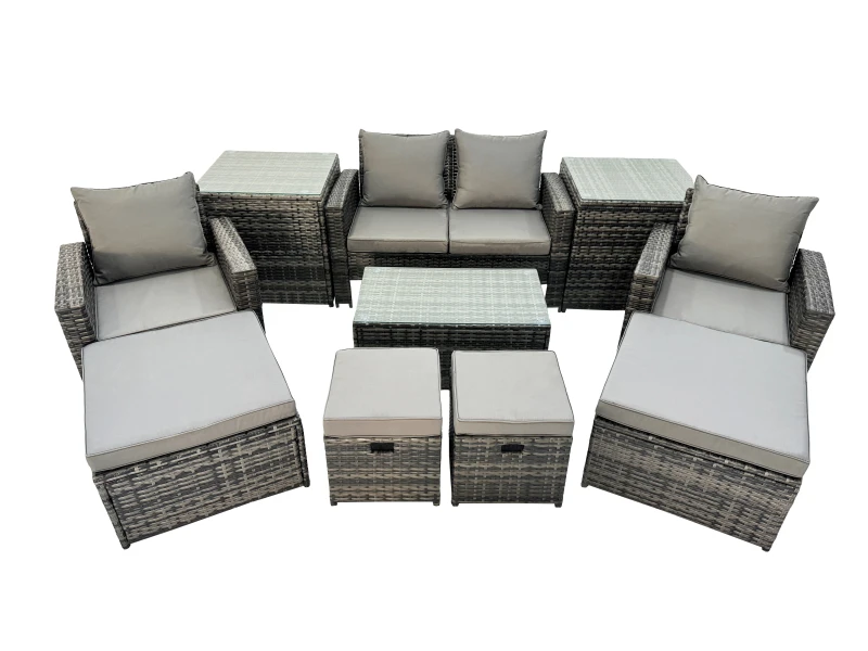 Image of Fimous 8 Seater Wicker PE Rattan Furniture Outdoor 4 Stools 2 Side Tables Set in Dark Grey Dark Grey Unisex