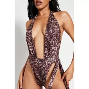 Image of I Saw It First Brown Leopard Print Deep Plunge Tie Waist Swimsuit - Brown