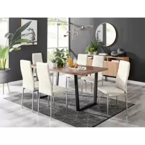 Image of Furniture Box Kylo Brown Wood Effect Dining Table and 6 Cream Velvet Milan Chairs